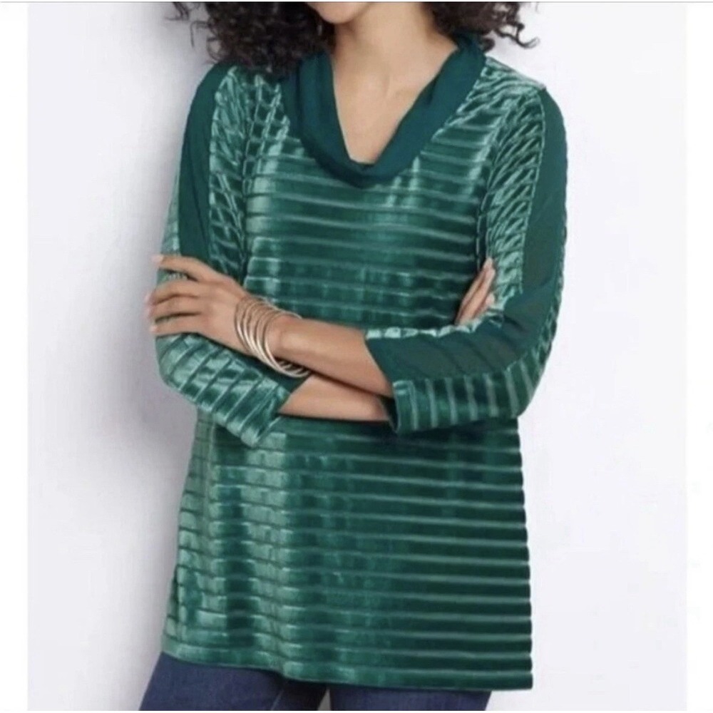 Soft Surroundings Size-L Tunic Meri Velvet Knit‎ Top Green Cowl Neck Stripe